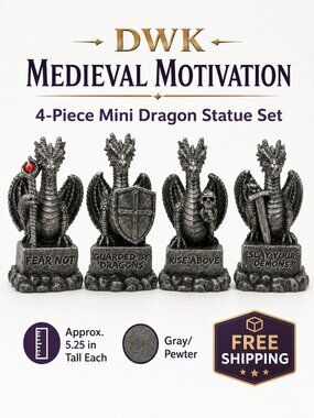 DWK Medieval Motivation Dragon Statues 4pc Set 5.25in Gray Resin NIB